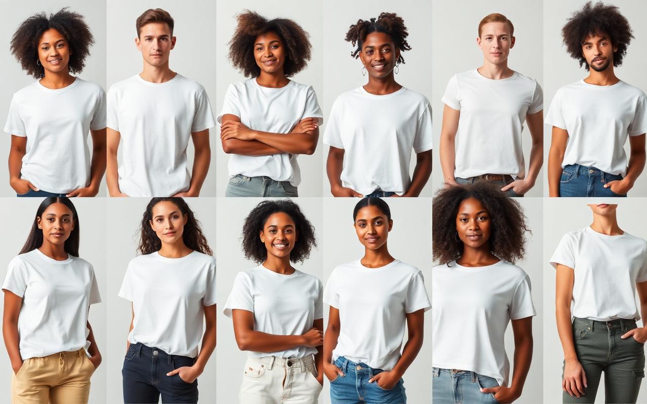 多様なモデルが同じ白Tシャツを着用しているグリッド